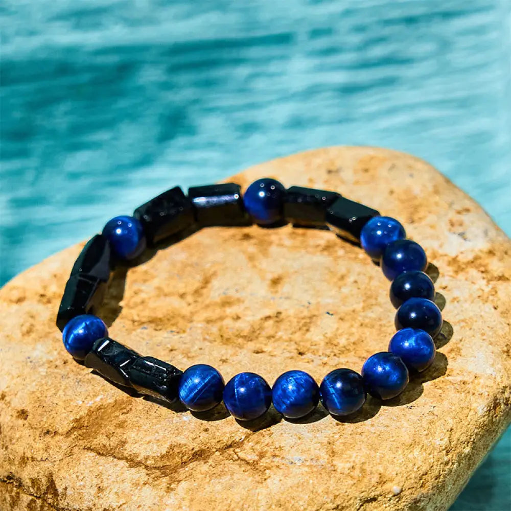 BWOOOH Blue Tiger Eye Black Tourmaline Strength Bracelet — Tiger Eye crystal healing bracelet for spiritual healing and mi...
