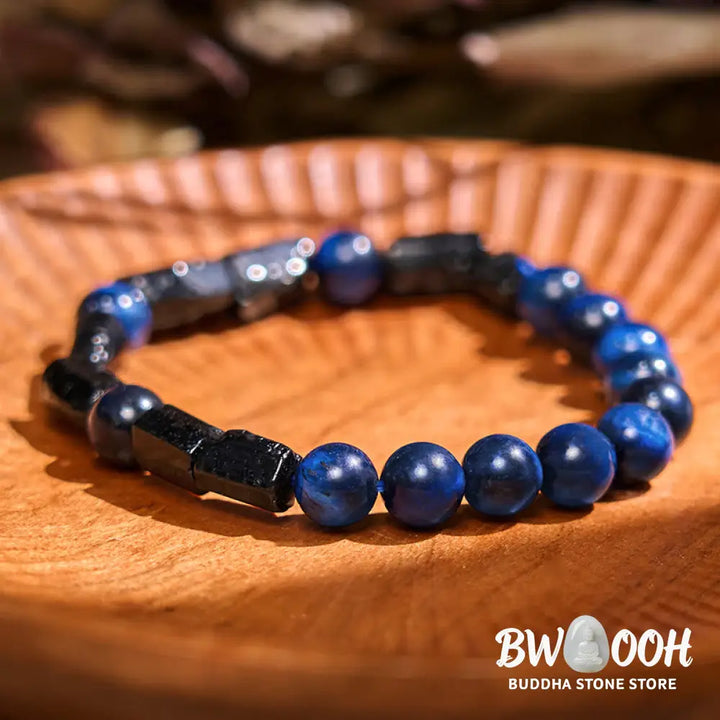 Buddha Stones Blue Tiger Eye Black Tourmaline Strength Bracelet - BWOOOH - Blue Tiger Eye Black Tourmaline(Wrist