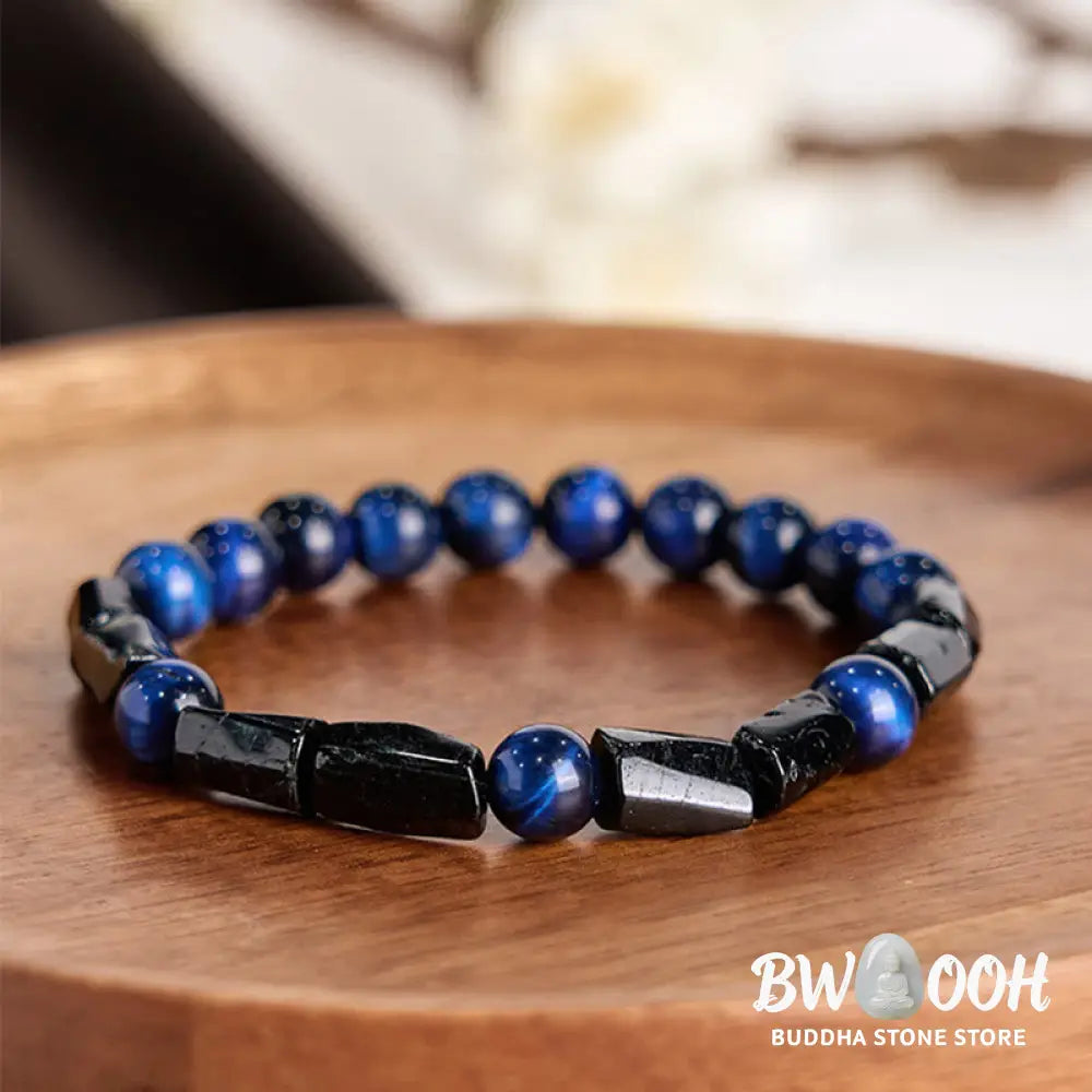 Buddha Stones Blue Tiger Eye Black Tourmaline Strength Bracelet - Blue Tiger Eye Black Tourmaline(Wrist Circumference: