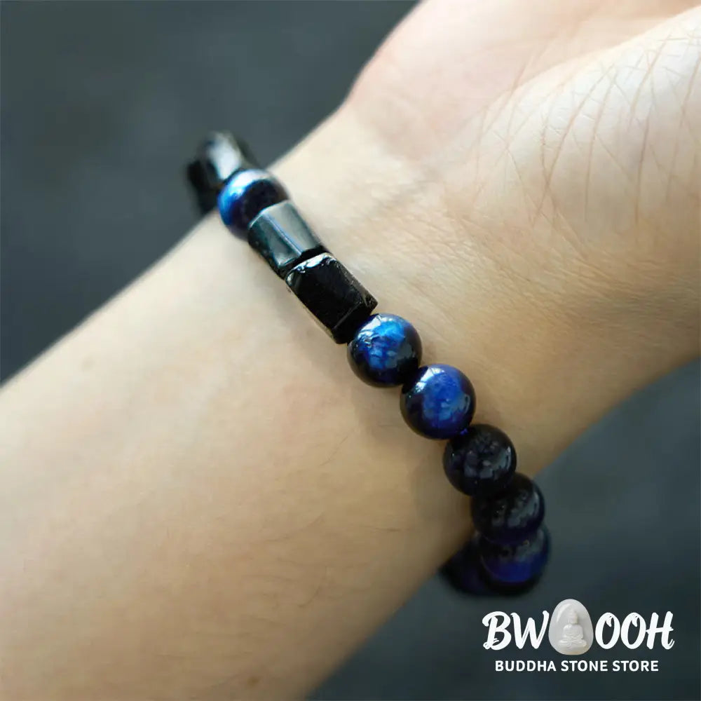 Buddha Stones Blue Tiger Eye Black Tourmaline Strength Bracelet - Blue Tiger Eye Black Tourmaline(Wrist Circumference: