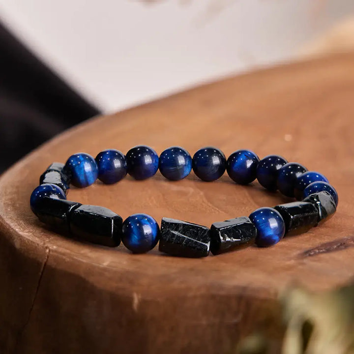 BWOOOH Blue Tiger Eye Black Tourmaline Strength Bracelet - Blue Tiger Eye Black Tourmaline(Wrist Circumference:
