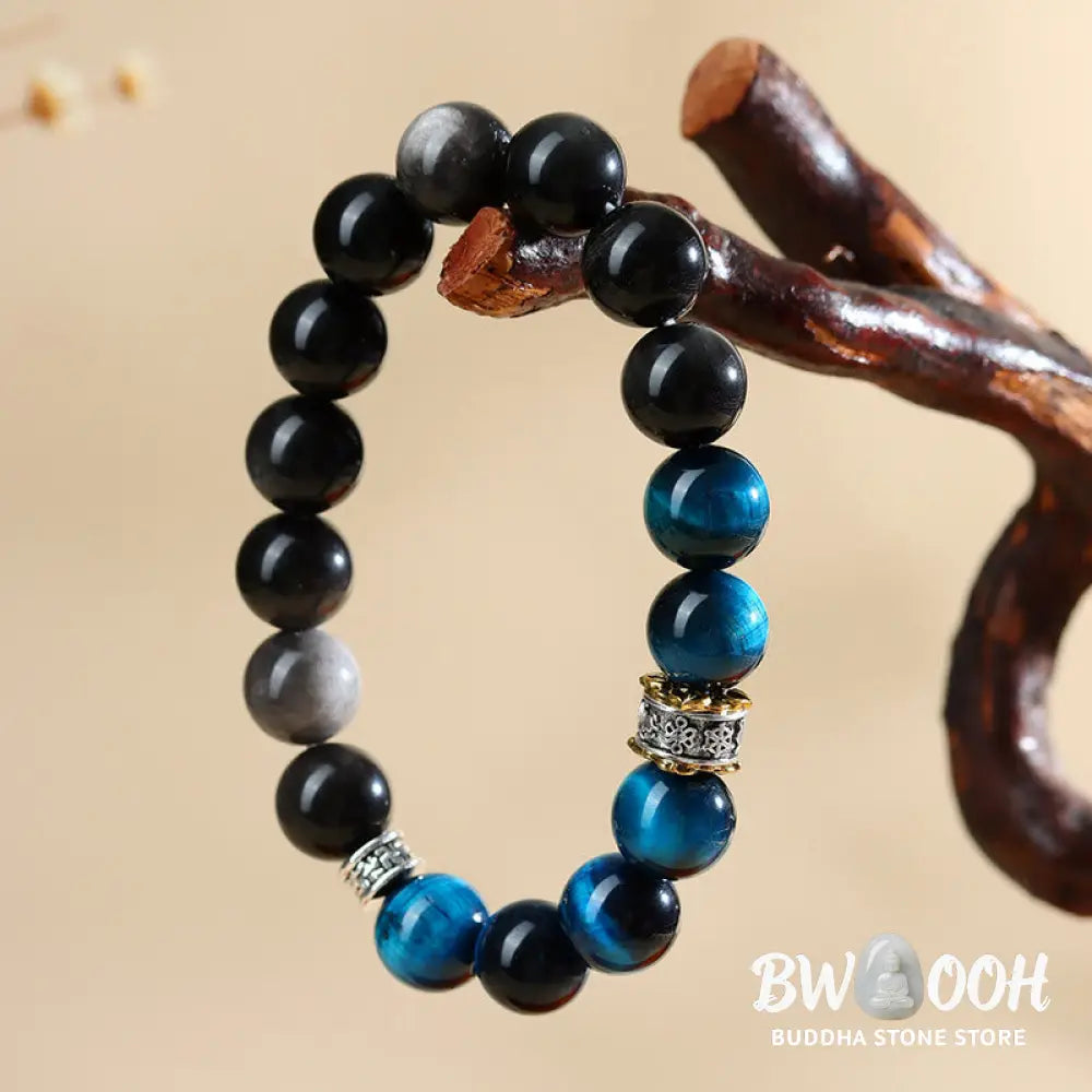 Buddha Stones Blue Tiger Eye Silver Sheen Obsidian Strength Bracelet - BWOOOH - Blue Tiger Eye Silver Sheen