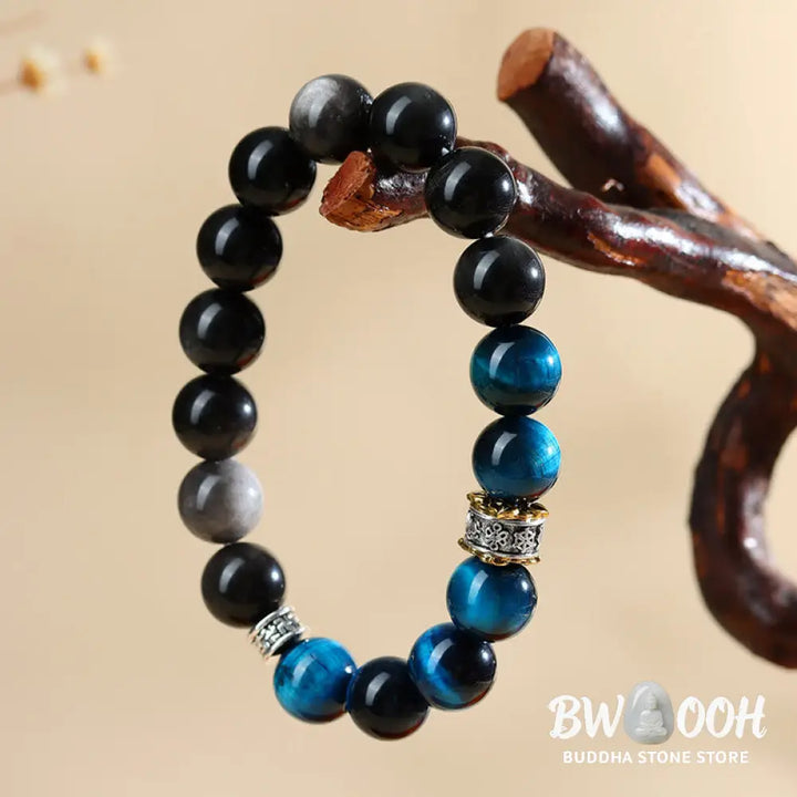 Buddha Stones Blue Tiger Eye Silver Sheen Obsidian Strength Bracelet - BWOOOH - Blue Tiger Eye Silver Sheen