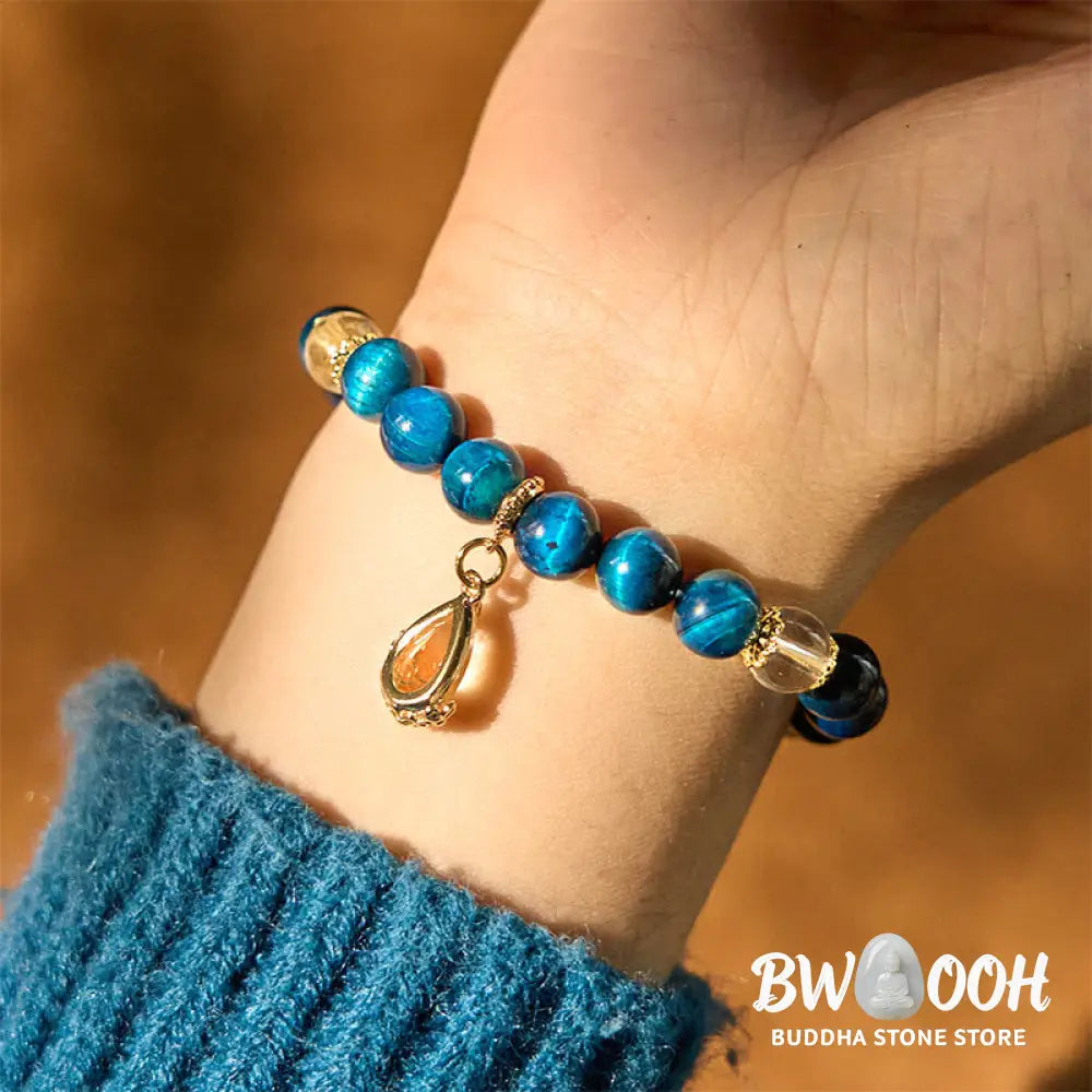 Buddha Stones Blue Tiger Eye White Crystal Water Drop Strength Bracelet - BWOOOH - Blue Tiger Eye White Crystal (Wrist