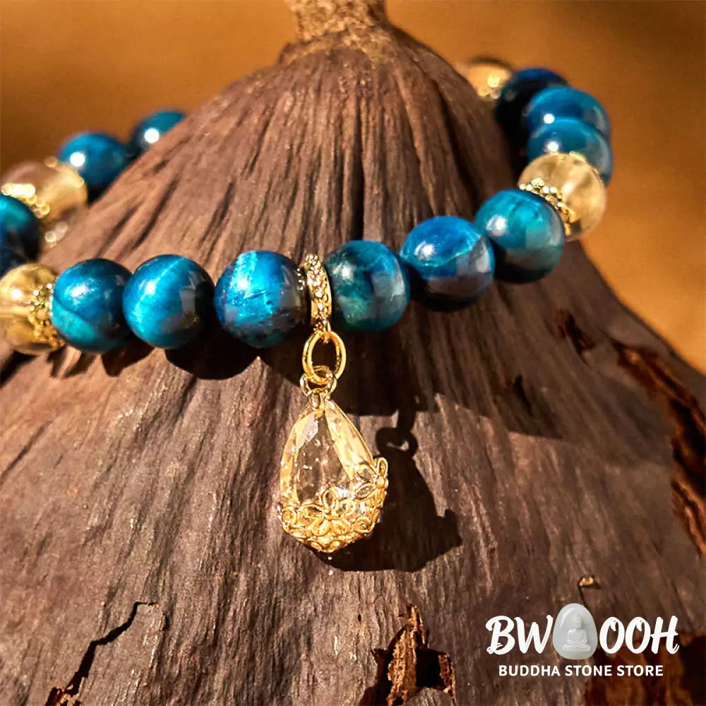 Buddha Stones Blue Tiger Eye White Crystal Water Drop Strength Bracelet - BWOOOH - Blue Tiger Eye White Crystal (Wrist