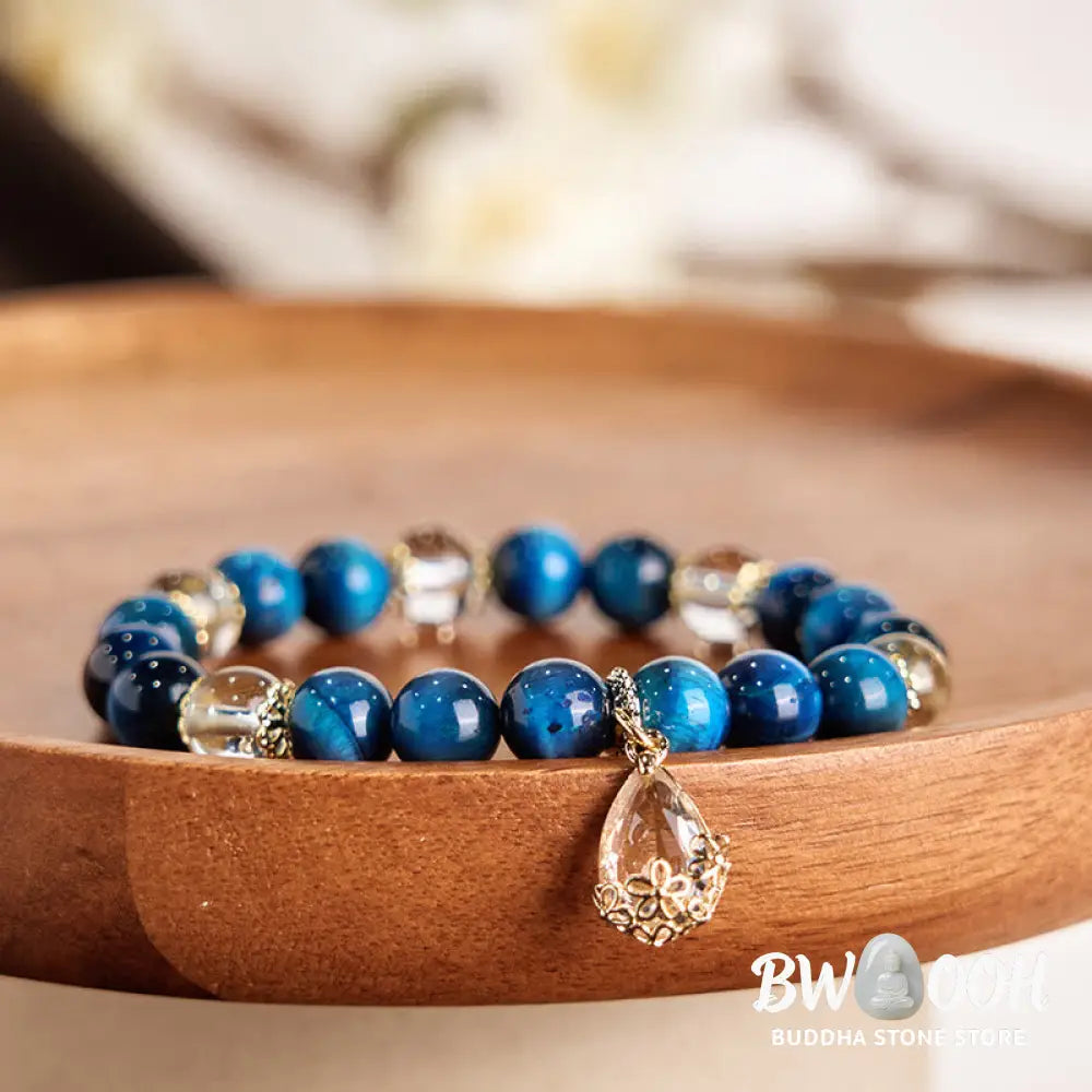 Buddha Stones Blue Tiger Eye White Crystal Water Drop Strength Bracelet - BWOOOH - Blue Tiger Eye White Crystal (Wrist