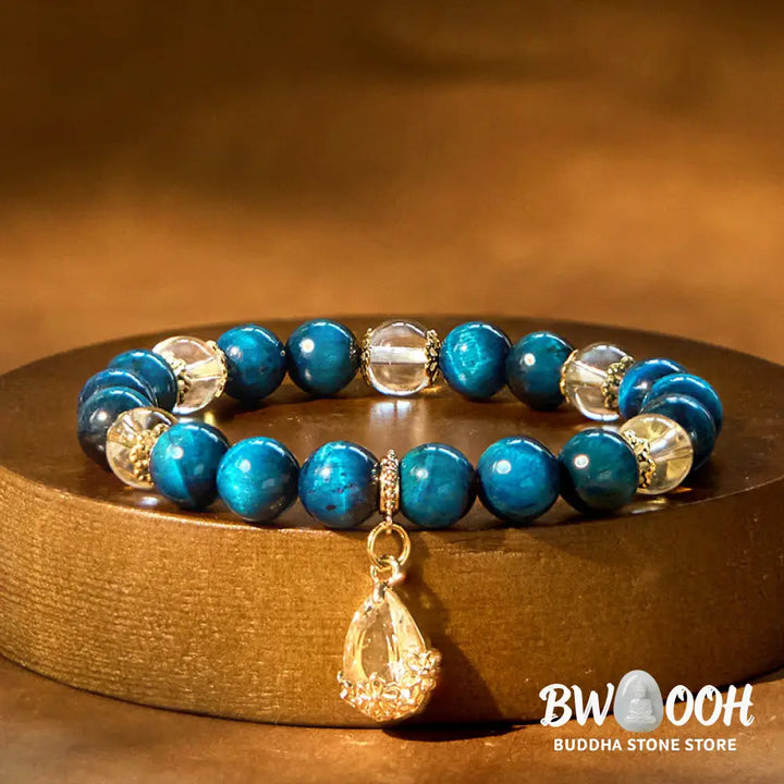 Buddha Stones Blue Tiger Eye White Crystal Water Drop Strength Bracelet - BWOOOH - Blue Tiger Eye White Crystal (Wrist