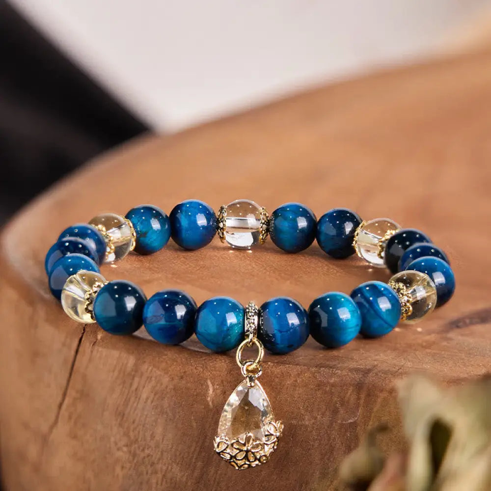 BWOOOH Blue Tiger Eye White Crystal Water Drop Strength Bracelet — Tiger Eye crystal healing bracelet for spiritual healin...
