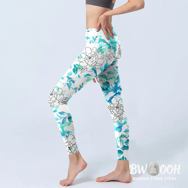 BWOOOH printed yoga leggings - Blue Watercolor Peony Flowers Lines Patt