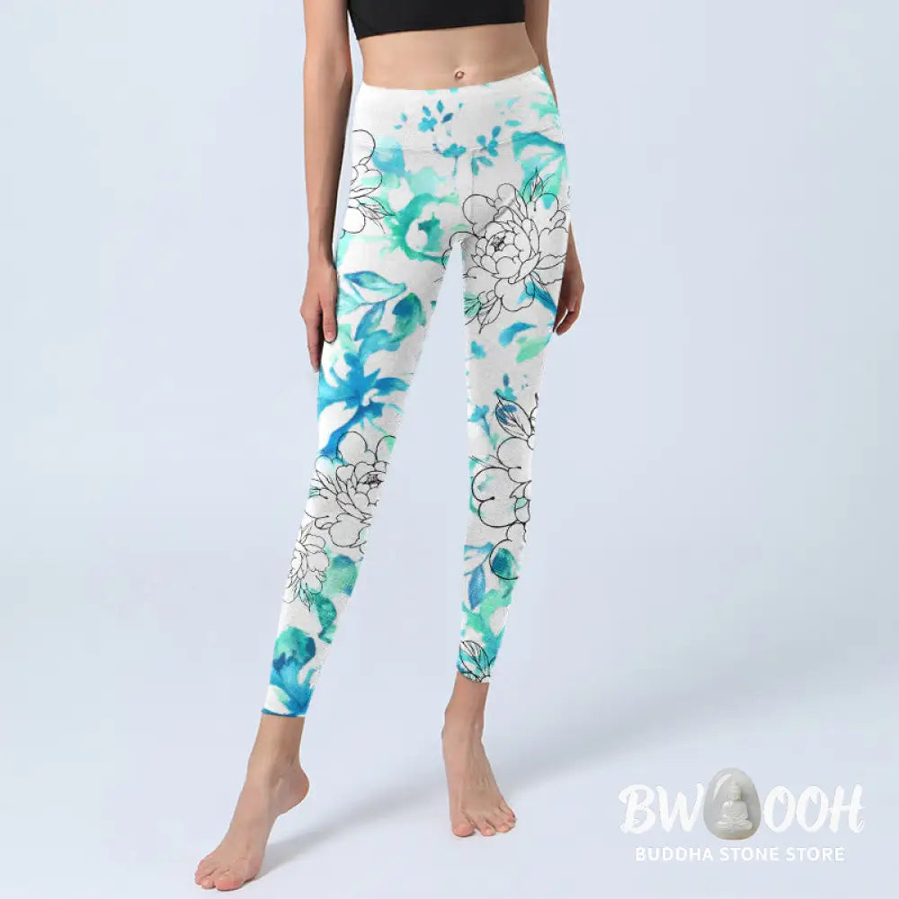 BWOOOH printed yoga leggings - Blue Watercolor Peony Flowers Lines Patt