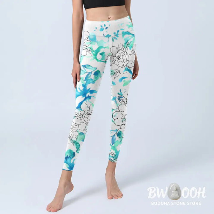 BWOOOH printed yoga leggings - Blue Watercolor Peony Flowers Lines Patt