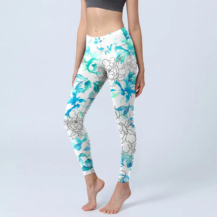BWOOOH printed yoga leggings - Blue Watercolor Peony Flowers Lines Patt