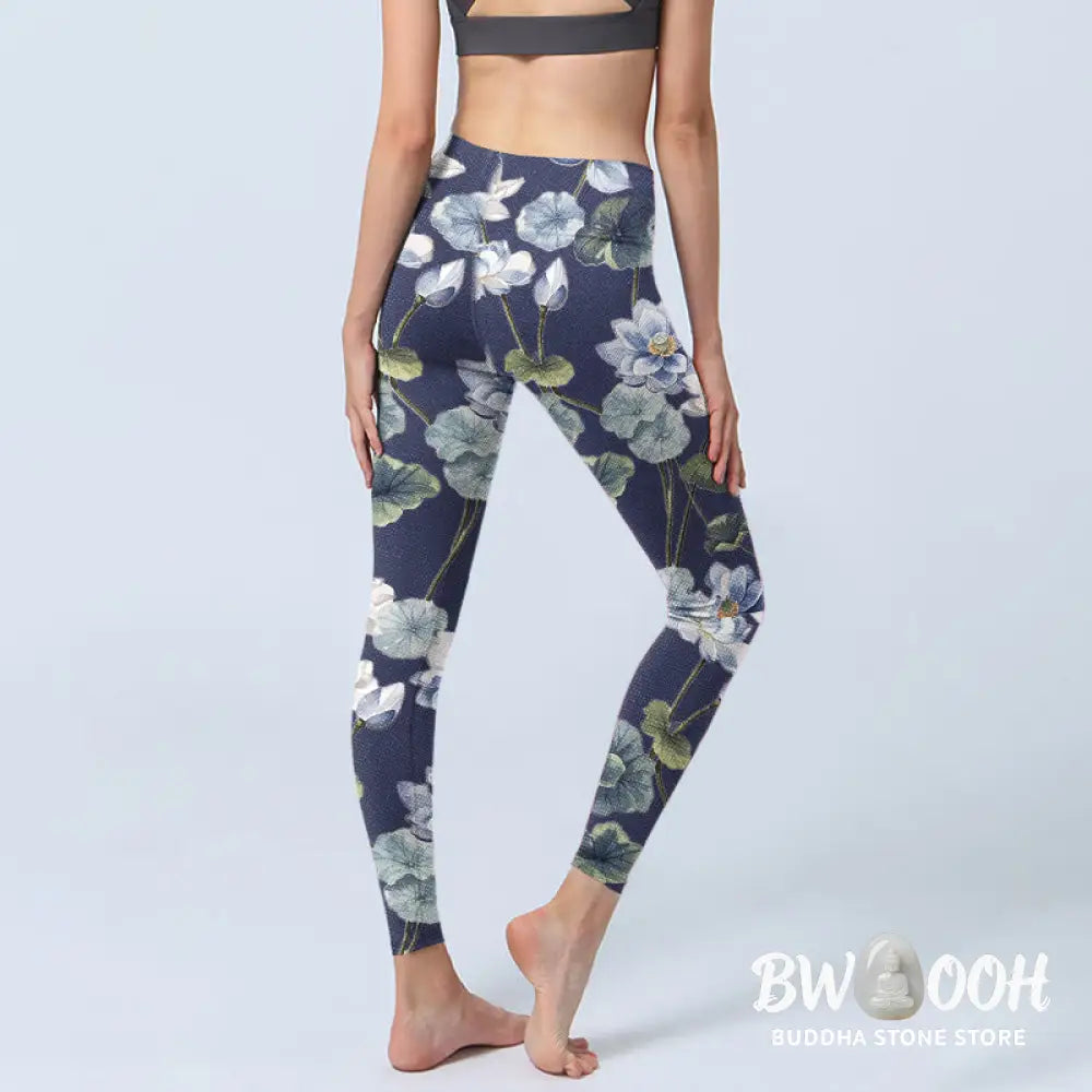 BWOOOH lotus print yoga leggings - Blue White Lotus Flowers Oil Painting Pr