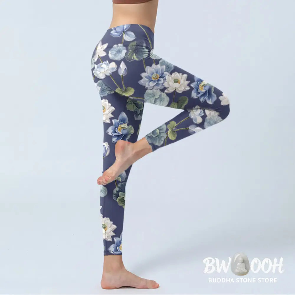 BWOOOH lotus print yoga leggings - Blue White Lotus Flowers Oil Painting Pr