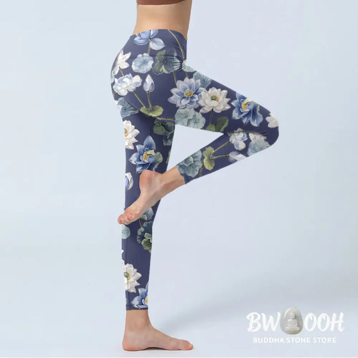 BWOOOH lotus print yoga leggings - Blue White Lotus Flowers Oil Painting Pr