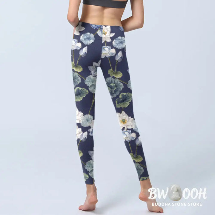 BWOOOH lotus print yoga leggings - Blue White Lotus Flowers Oil Painting Pr