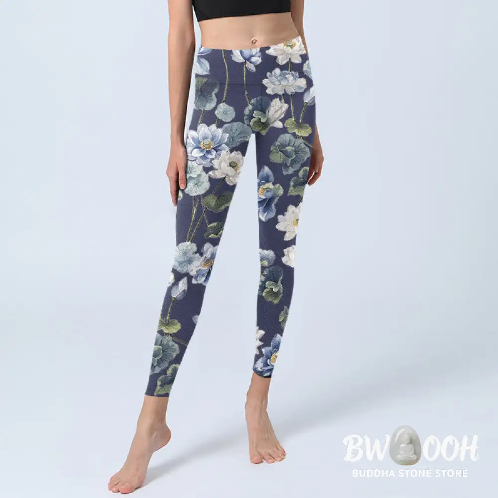 BWOOOH lotus print yoga leggings - Blue White Lotus Flowers Oil Painting Pr