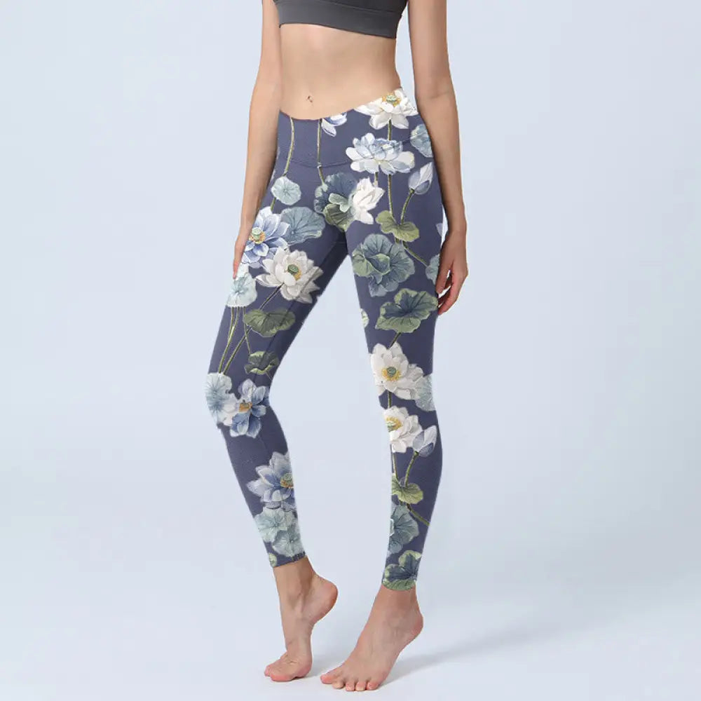 BWOOOH lotus print yoga leggings - Blue White Lotus Flowers Oil Painting Pr