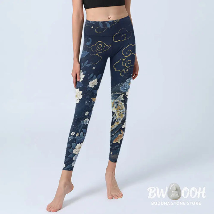 Buddha Stones Blue White Peony Flowers Koi Fish Print Gym Leggings Women&