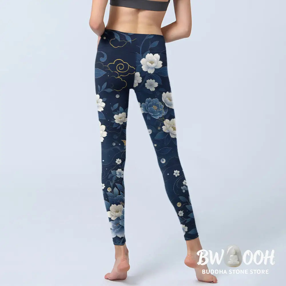 Buddha Stones Blue White Peony Flowers Koi Fish Print Gym Leggings Women&
