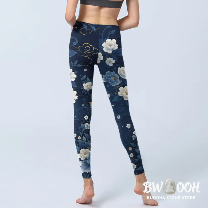 Buddha Stones Blue White Peony Flowers Koi Fish Print Gym Leggings Women&
