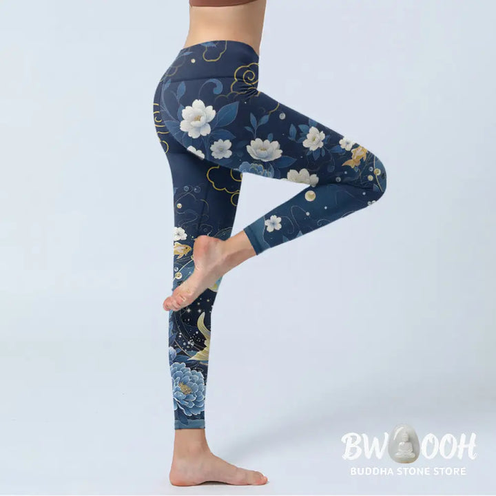 Buddha Stones Blue White Peony Flowers Koi Fish Print Gym Leggings Women&