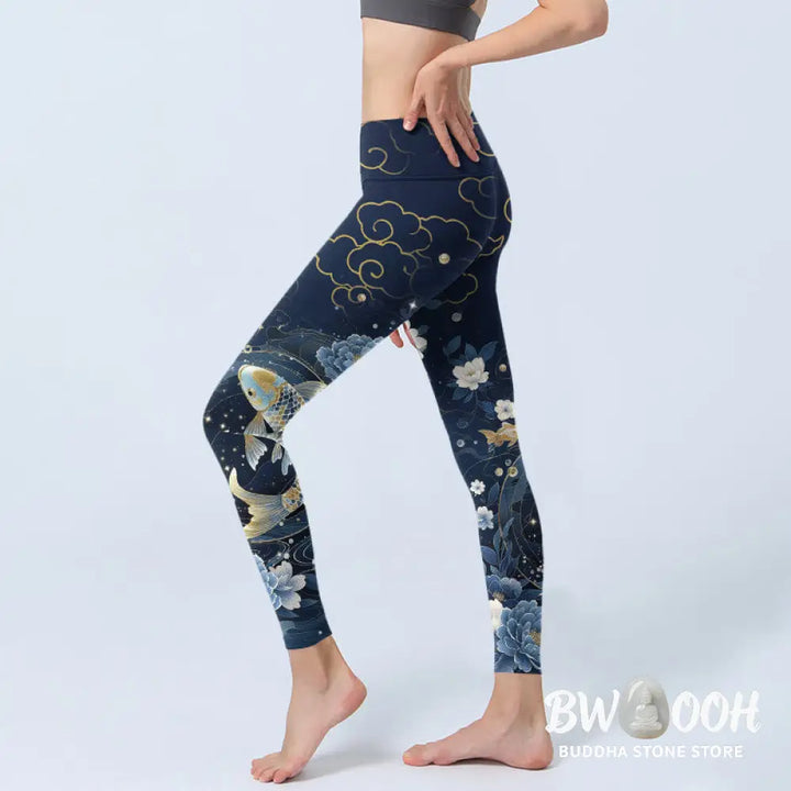 Buddha Stones Blue White Peony Flowers Koi Fish Print Gym Leggings Women&