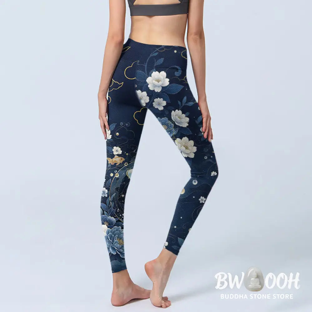 Buddha Stones Blue White Peony Flowers Koi Fish Print Gym Leggings Women&