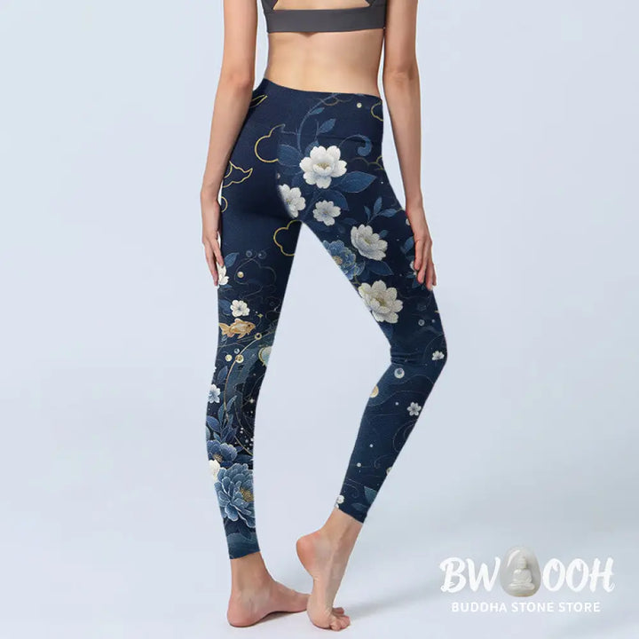 Buddha Stones Blue White Peony Flowers Koi Fish Print Gym Leggings Women&