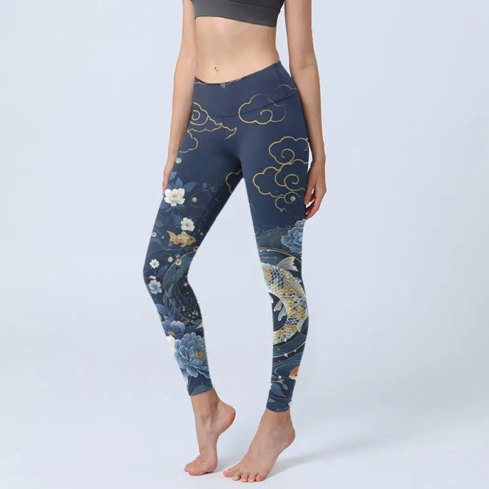 BWOOOH koi fish print yoga leggings - Blue White Peony Flowers Koi Fish Print 