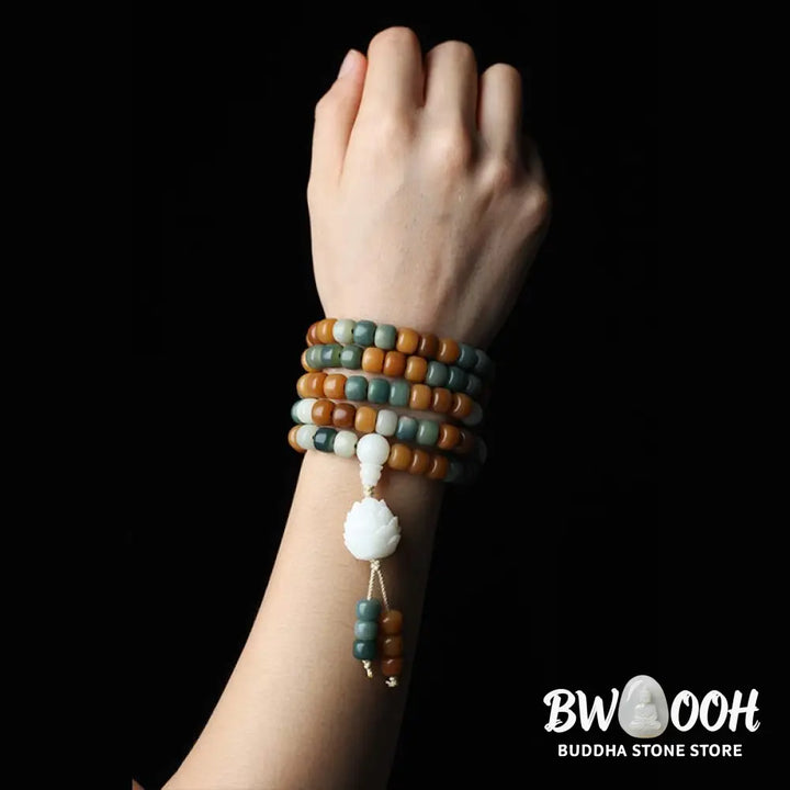 BWOOOH Bodhi Lotus Mala Harmony Necklace &amp; Bracelet, 108 Bodhi Seed and Jade beads (7x9mm), featuring the lotus symbol. Designed for deep meditation and spiritual balance. - View 4