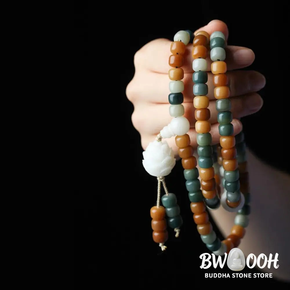 BWOOOH Bodhi Lotus Mala Harmony Necklace & Bracelet, 108 Bodhi Seed and Jade beads (7x9mm), featuring the lotus symbol. Designed for deep meditation and spiritual balance. - View 2