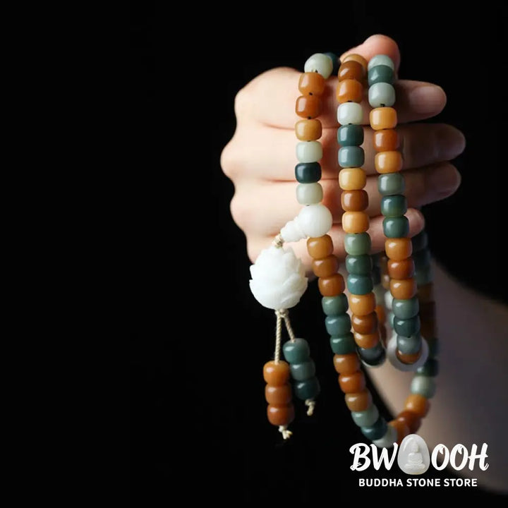 BWOOOH Bodhi Lotus Mala Harmony Necklace &amp; Bracelet, 108 Bodhi Seed and Jade beads (7x9mm), featuring the lotus symbol. Designed for deep meditation and spiritual balance. - View 2