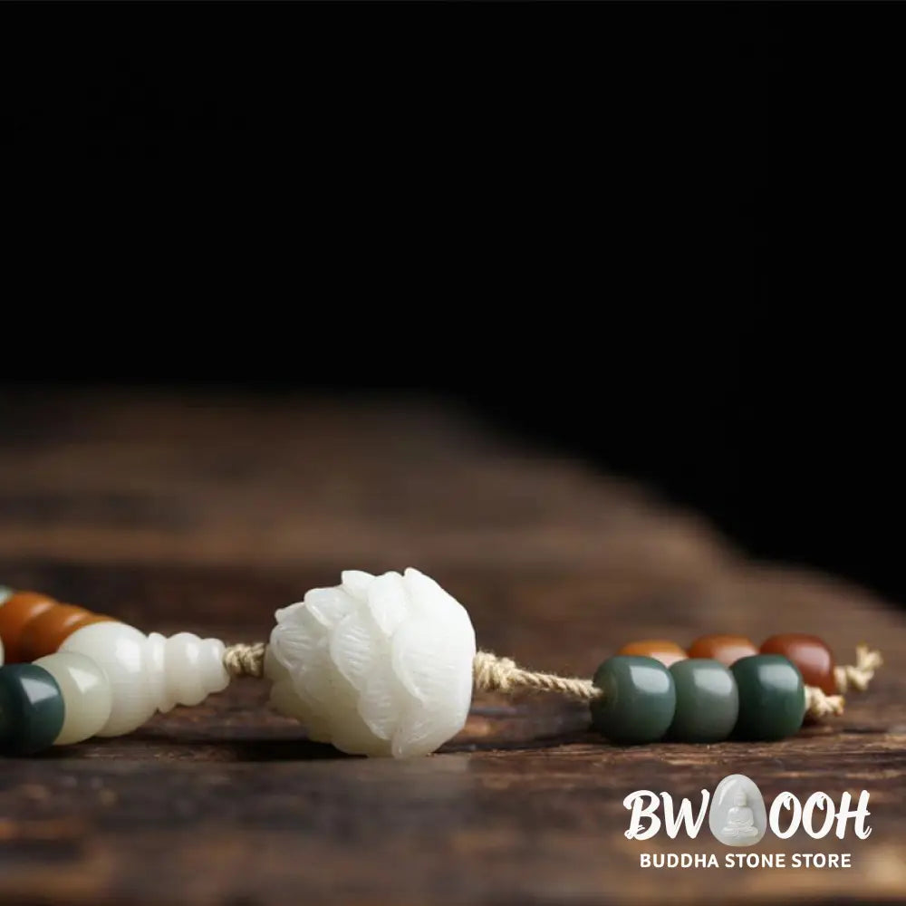 BWOOOH Bodhi Lotus Mala Harmony Necklace &amp; Bracelet, 108 Bodhi Seed and Jade beads (7x9mm), featuring the lotus symbol. Designed for deep meditation and spiritual balance. - View 6