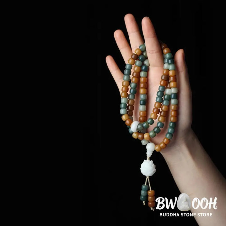 BWOOOH Bodhi Lotus Mala Harmony Necklace &amp; Bracelet, 108 Bodhi Seed and Jade beads (7x9mm), featuring the lotus symbol. Designed for deep meditation and spiritual balance. - View 3