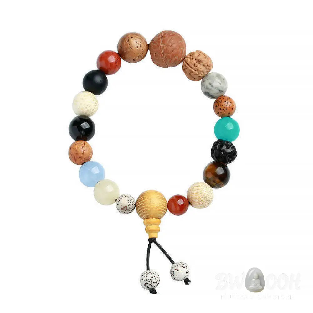 BWOOOH Bodhi Seed Agate Wisdom Harmony Wrist Mala Bracelet featuring dark Bodhi seeds, vibrant red stone, and polished agate beads on a premium elastic string, handmade for meditation and spiritual focus. - View 8