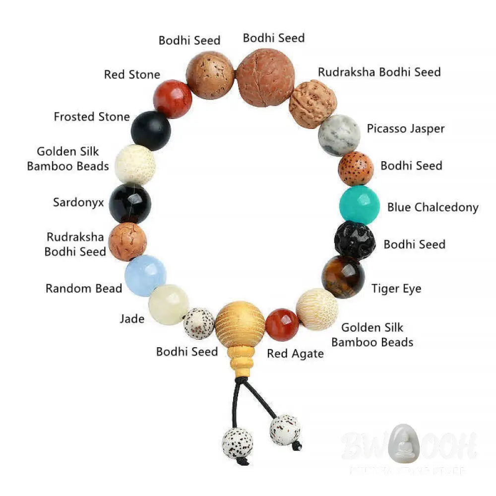 BWOOOH Bodhi Seed Agate Wisdom Harmony Wrist Mala Bracelet featuring dark Bodhi seeds, vibrant red stone, and polished agate beads on a premium elastic string, handmade for meditation and spiritual focus. - View 7