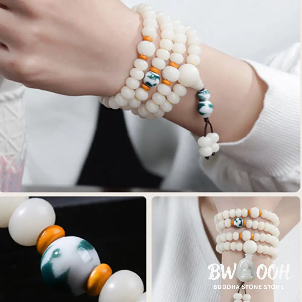 A close-up of the BWOOOH Bodhi Seed Lotus Blessing Charm Bracelet, featuring naturally dark-speckled bodhi seed beads alongside a delicate lotus symbol charm, suitable for unisex wear. - View 15