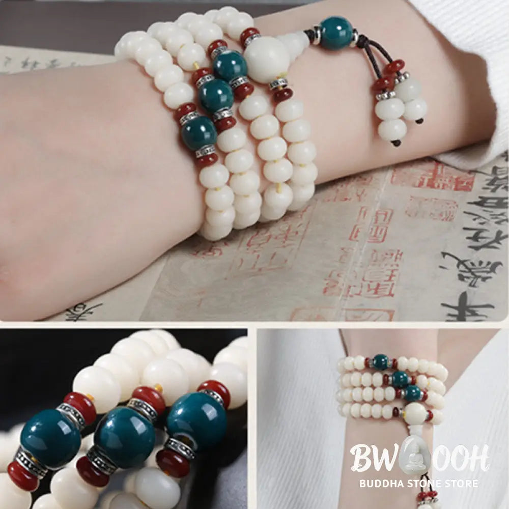 A close-up of the BWOOOH Bodhi Seed Lotus Blessing Charm Bracelet, featuring naturally dark-speckled bodhi seed beads alongside a delicate lotus symbol charm, suitable for unisex wear. - View 3
