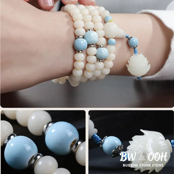 A close-up of the BWOOOH Bodhi Seed Lotus Blessing Charm Bracelet, featuring naturally dark-speckled bodhi seed beads alongside a delicate lotus symbol charm, suitable for unisex wear. - View 13