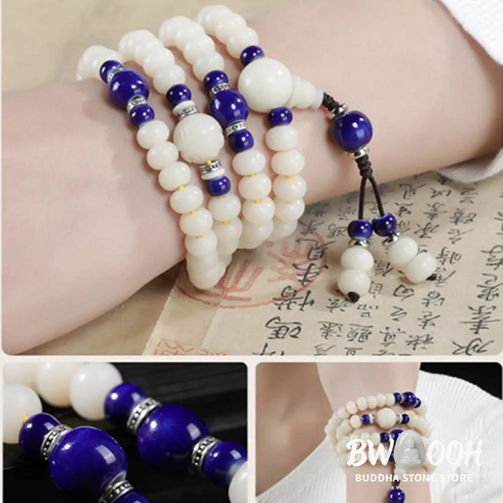 A close-up of the BWOOOH Bodhi Seed Lotus Blessing Charm Bracelet, featuring naturally dark-speckled bodhi seed beads alongside a delicate lotus symbol charm, suitable for unisex wear. - View 7