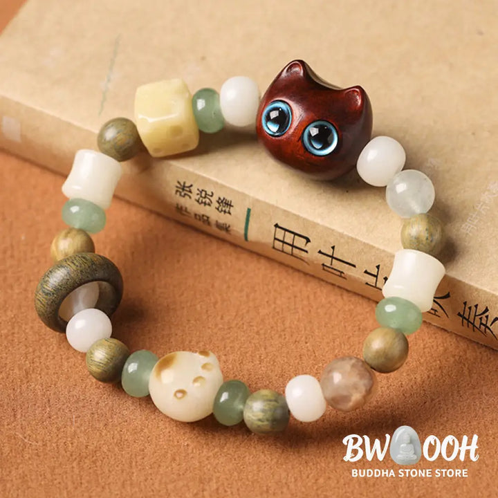 Buddha Stones Bodhi Seed Green Sandalwood Ebony Wood Small Leaf Red Sandalwood Cat Head Paw Claw Peace Bracelet