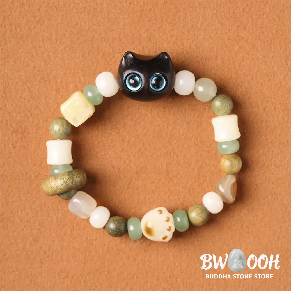 Buddha Stones Bodhi Seed Green Sandalwood Ebony Wood Small Leaf Red Sandalwood Cat Head Paw Claw Peace Bracelet