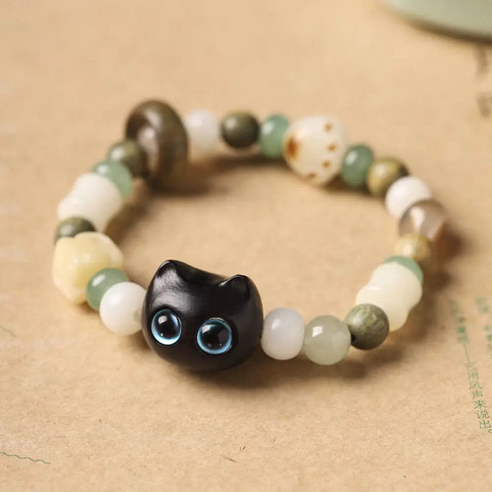 BWOOOH Bodhi Seed Green Sandalwood Ebony Wood Small Leaf Red Sandalwood Cat Head Paw Claw Peace Bracelet