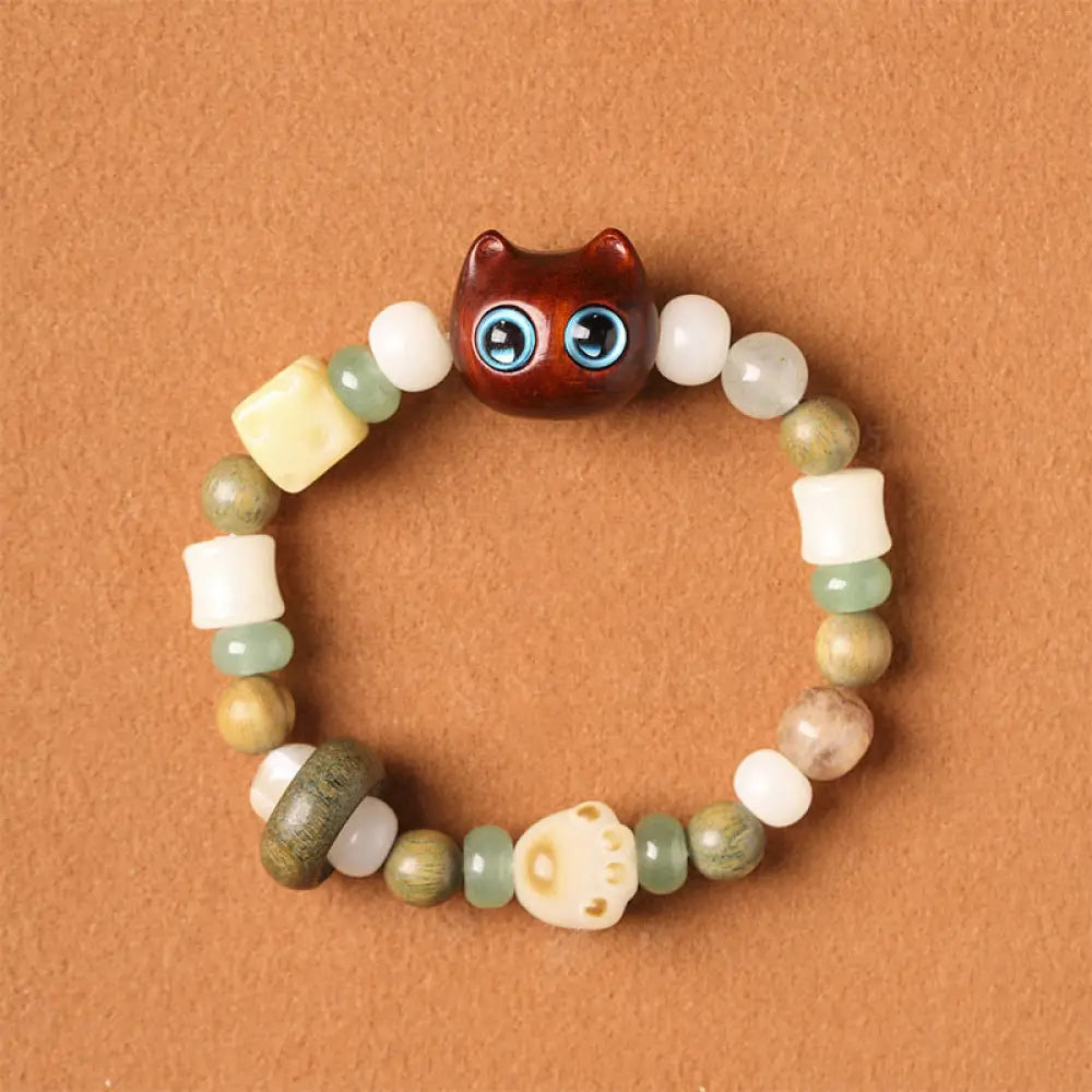 Buddha Stones Bodhi Seed Green Sandalwood Ebony Wood Small Leaf Red Sandalwood Cat Head Paw Claw Peace Bracelet