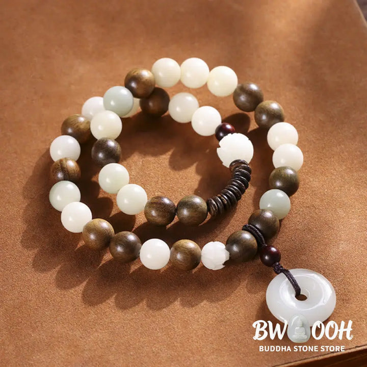 Buddha Stones Bodhi Seed Green Sandalwood Lotus Peace Buckle Harmony Double Wrap Bracelet - BWOOOH - Bracelet