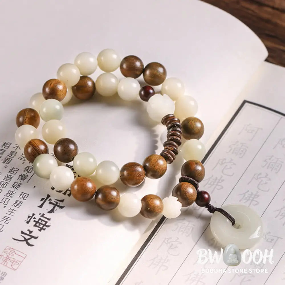 Buddha Stones Bodhi Seed Green Sandalwood Lotus Peace Buckle Harmony Double Wrap Bracelet - BWOOOH - Bracelet