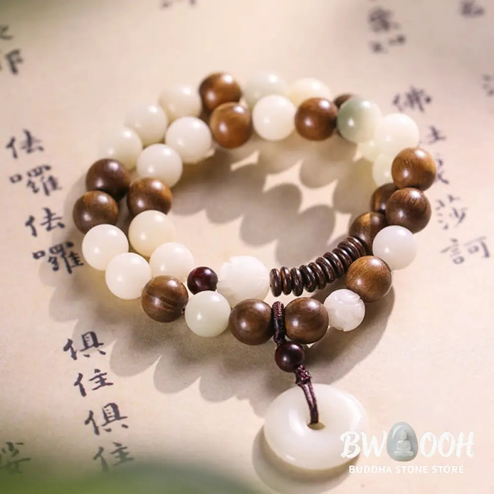 Buddha Stones Bodhi Seed Green Sandalwood Lotus Peace Buckle Harmony Double Wrap Bracelet - BWOOOH - Bracelet
