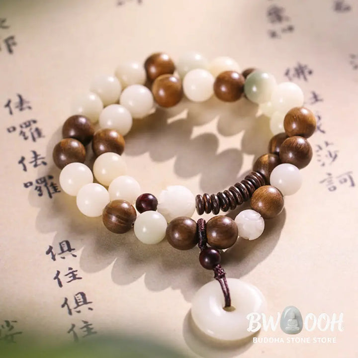 Buddha Stones Bodhi Seed Green Sandalwood Lotus Peace Buckle Harmony Double Wrap Bracelet - BWOOOH - Bracelet