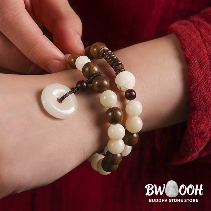 Buddha Stones Bodhi Seed Green Sandalwood Lotus Peace Buckle Harmony Double Wrap Bracelet - BWOOOH - Bracelet